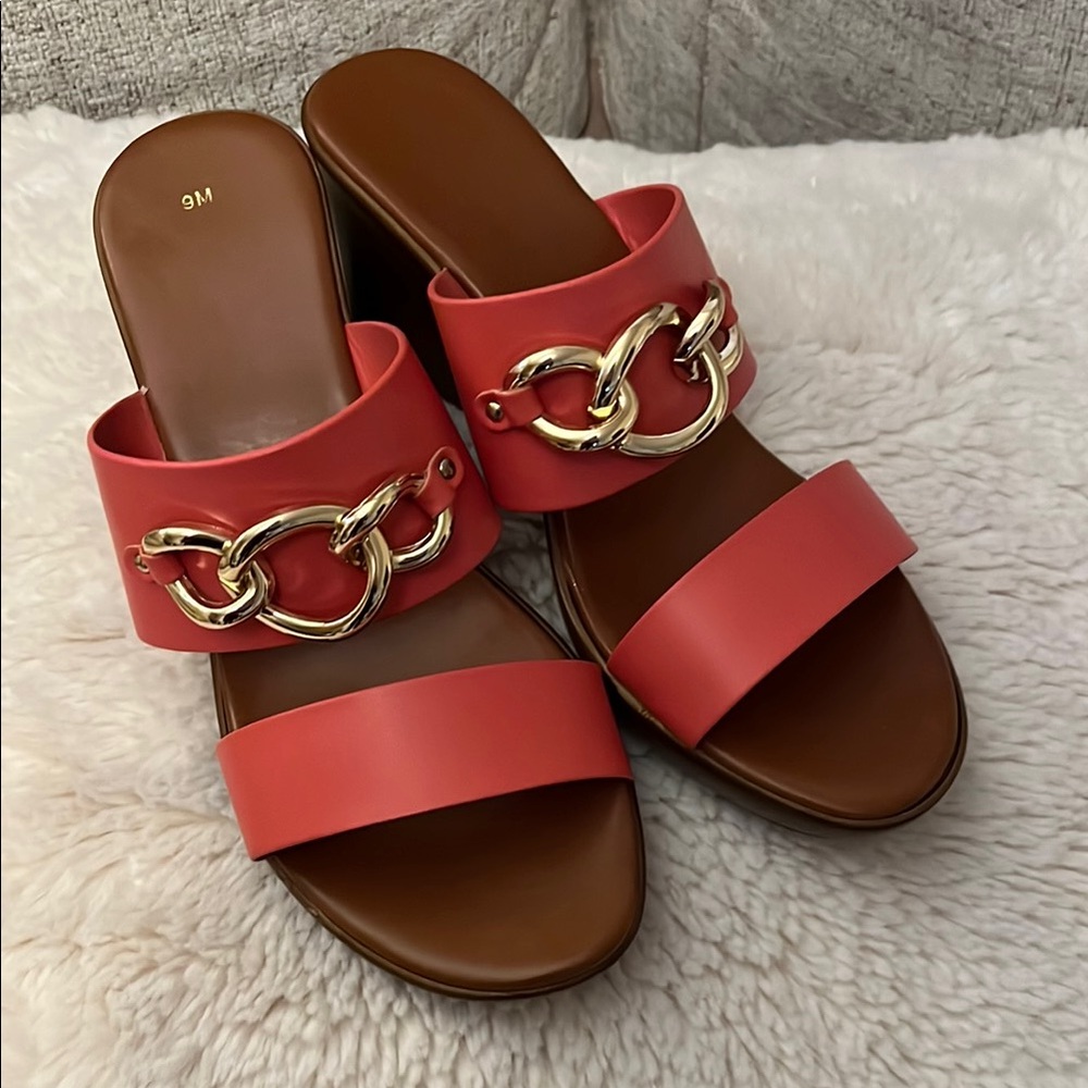 Toscananella brand, orange Slide Sandals with Gold Chain Detail 9 medium